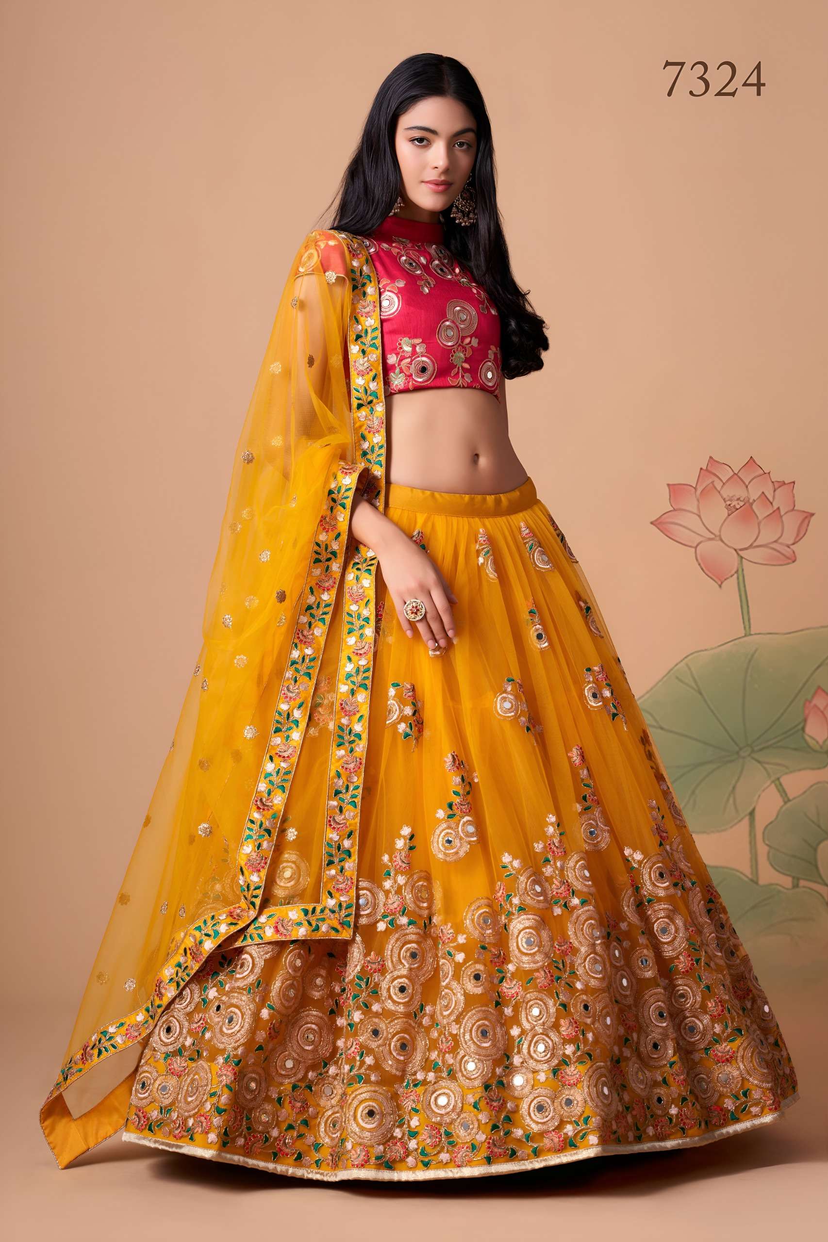Mustard Yellow & Rani Pink colour fabric with Mirror Work on Lehenga Choli supplier in surat 7324 Yellow